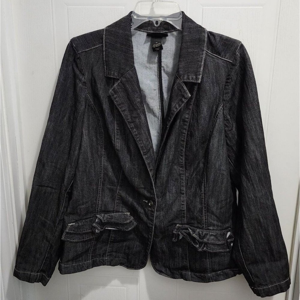Lane Bryant Women's Long Sleeve One Button Blazer Jacket Stretch Black Denim 16